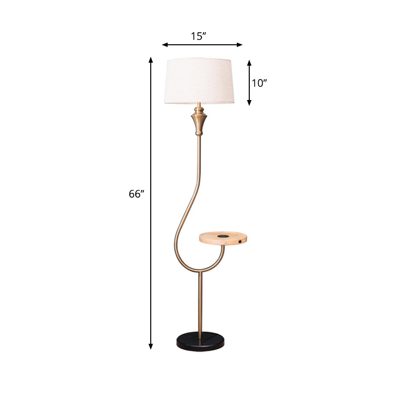 Modernist Gold Fabric Single Head Floor Lamp With Shelf Stylish Bedroom Lighting