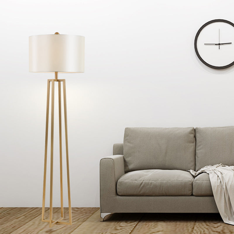 Modernist White Fabric Drum Shade Floor Light With Gold Finish