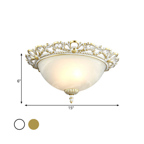 Opal Frosted Glass Flushmount Countryside Brass/White Floral Ceiling Lamp 11/19.5 Wide
