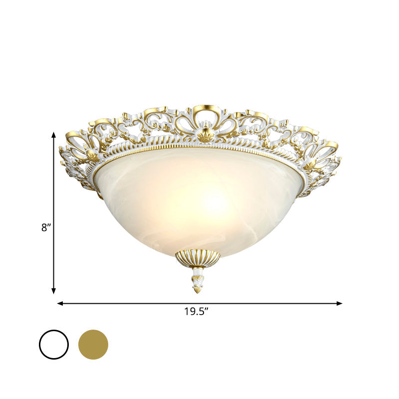 Opal Frosted Glass Flushmount Countryside Brass/White Floral Ceiling Lamp 11/19.5 Wide
