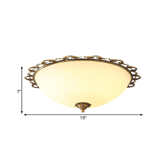 Rural Brass Flush Mount Ceiling Lamp With Frosted White Glass - 3/5 Bulbs Half - Globe Design