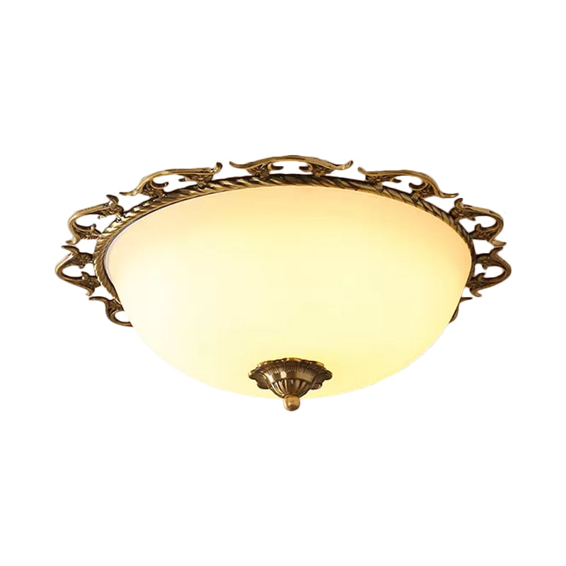 Rural Brass Flush Mount Ceiling Lamp With Frosted White Glass - 3/5 Bulbs Half - Globe Design