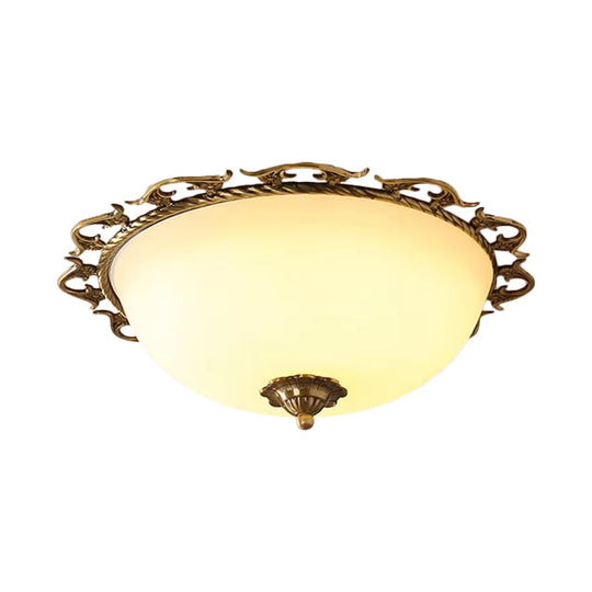 Rural Brass Flush Mount Ceiling Lamp With Frosted White Glass - 3/5 Bulbs Half-Globe Design