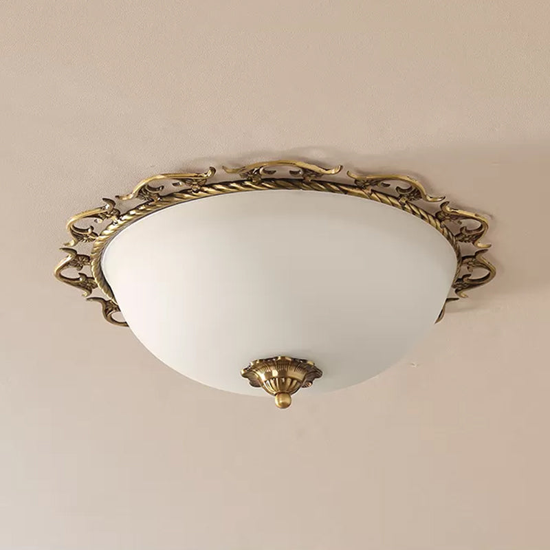 Rural Brass Flush Mount Ceiling Lamp With Frosted White Glass - 3/5 Bulbs Half-Globe Design