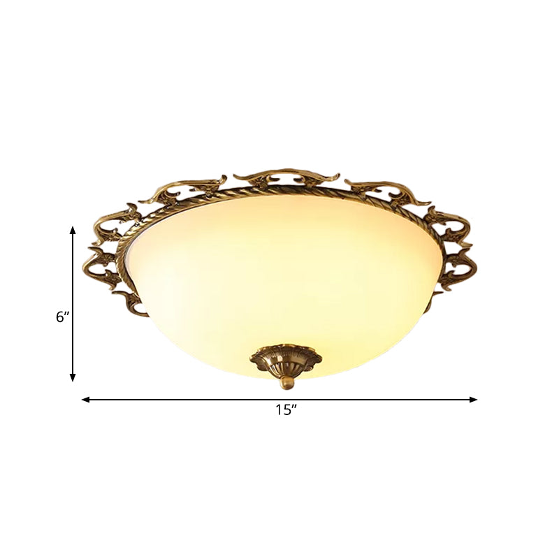 Rural Brass Flush Mount Ceiling Lamp With Frosted White Glass - 3/5 Bulbs Half - Globe Design