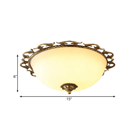 Rural Brass Flush Mount Ceiling Lamp With Frosted White Glass - 3/5 Bulbs Half-Globe Design