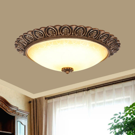 Antique Leaf-Trimmed Gold Led Flush Ceiling Light With Frosted Glass Dome - Flushmount Lighting