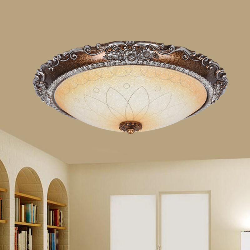 Rustic Red Brown Flush Mount Led Ceiling Light With Frosted Glass Bowl Shade - Ideal For Living Room