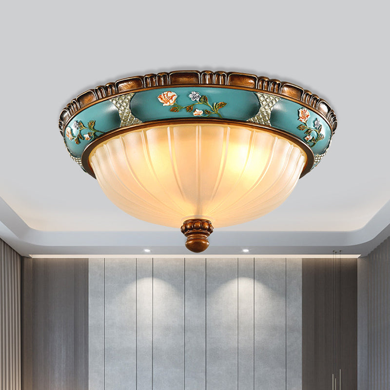 Green Retro Ribbed Glass Flush Mount Ceiling Light With Hemispherical Embossed Flower Design -