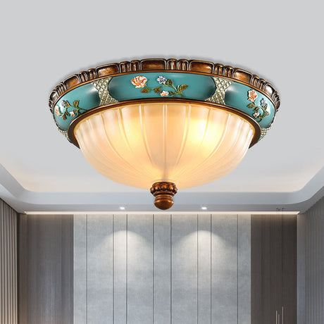 Green Retro Ribbed Glass Flush Mount Ceiling Light With Hemispherical Embossed Flower Design - 15/19