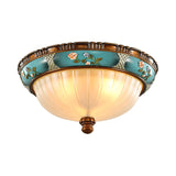 Green Retro Ribbed Glass Flush Mount Ceiling Light With Hemispherical Embossed Flower Design -
