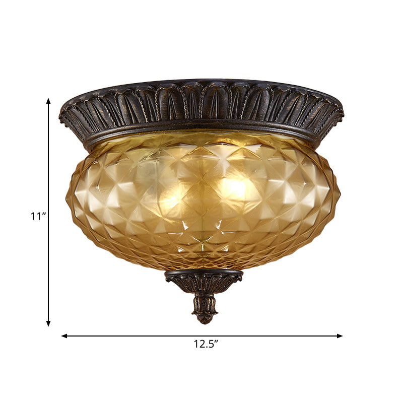 Rustic Amber Beveled Glass Oval Kitchen Flush Mount Lamp - 2-Bulb Black Ceiling Lighting Fixture