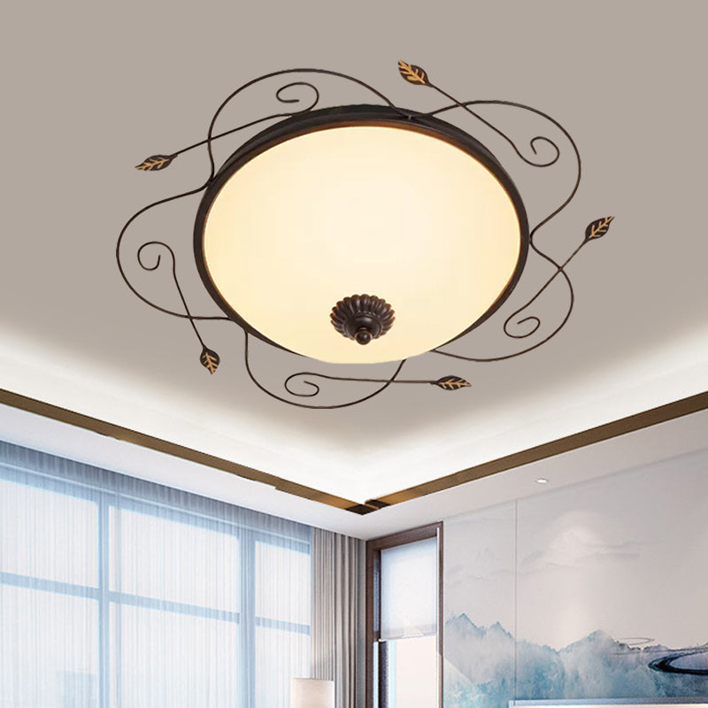 Ivory Glass Flushmount Ceiling Light With Twined Vines - 3-Head Dome Design Rural Style Black