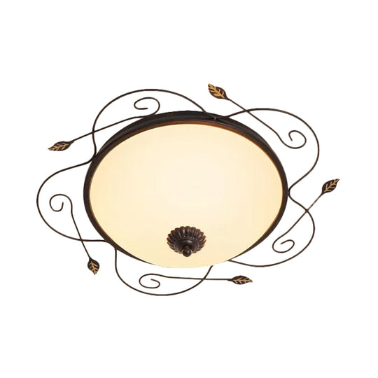 Ivory Glass Flushmount Ceiling Light With Twined Vines - 3-Head Dome Design Rural Style Black
