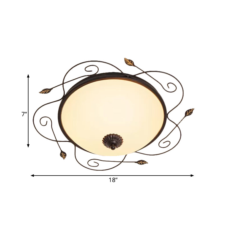 Ivory Glass Flushmount Ceiling Light With Twined Vines - 3-Head Dome Design Rural Style Black