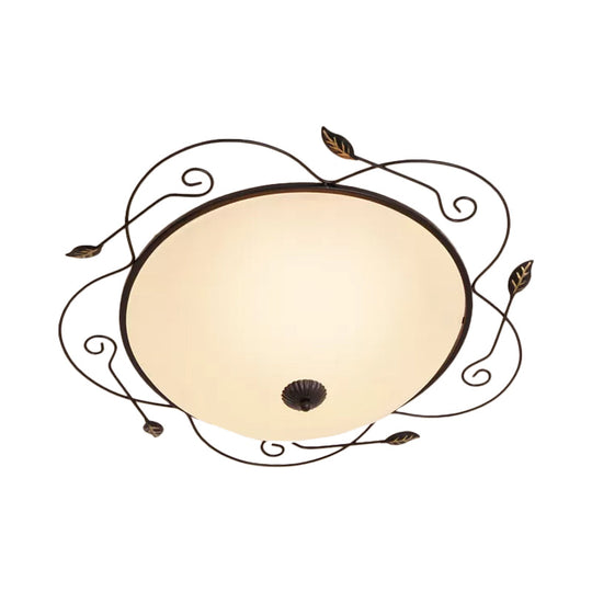 Ivory Glass Flushmount Ceiling Light With Twined Vines - 3-Head Dome Design Rural Style Black