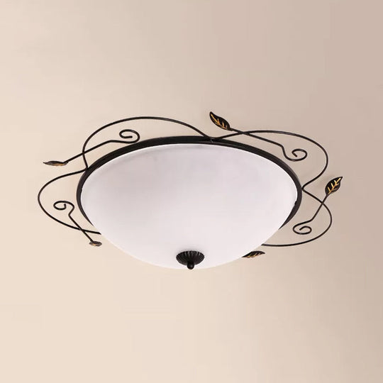 Ivory Glass Flushmount Ceiling Light With Twined Vines - 3-Head Dome Design Rural Style Black