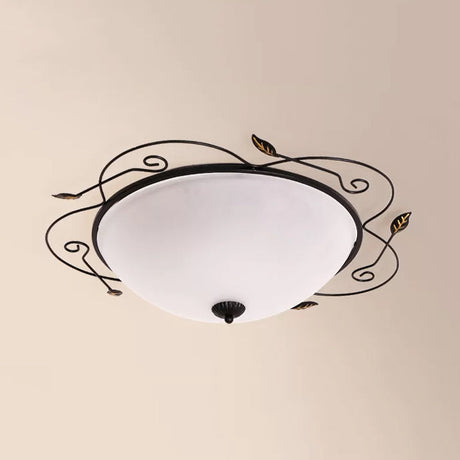Ivory Glass Flushmount Ceiling Light With Twined Vines - 3-Head Dome Design Rural Style Black 18/25