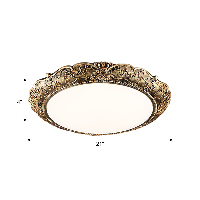 Farmhouse Resin Brass Led Flush Mounted Ceiling Light With Embossed Rose Trim 18.5/21 Diameter