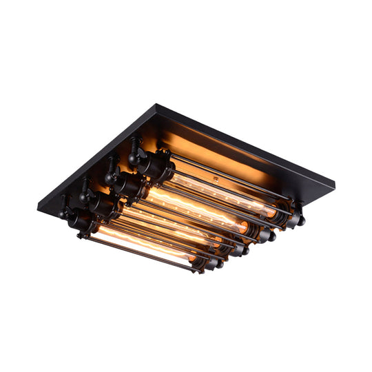 Industrial Black Square Ceiling Flush Mount Lamp With Clear Glass Tube - Perfect For Corridors