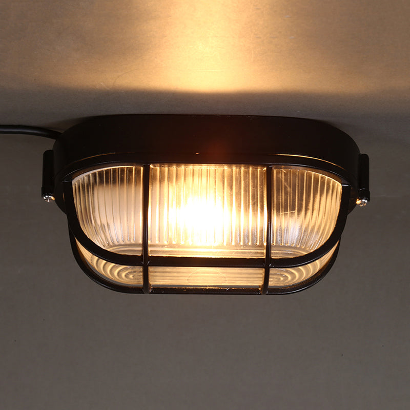 Black Ribbed Glass Ceiling Lamp With Wire Cage - Half - Capsule Mini Flush Light For Farmhouse 1