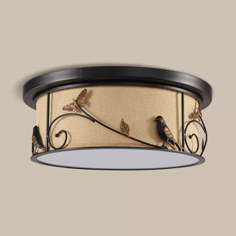 Black Fabric Drum Flush Mount Led Ceiling Light With Pastoral Scene Decor - Cottage Bedroom