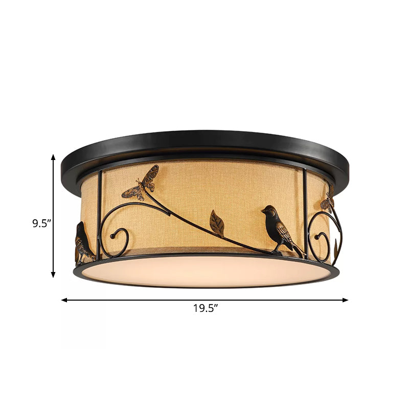 Black Fabric Drum Flush Mount Led Ceiling Light With Pastoral Scene Decor - Cottage Bedroom