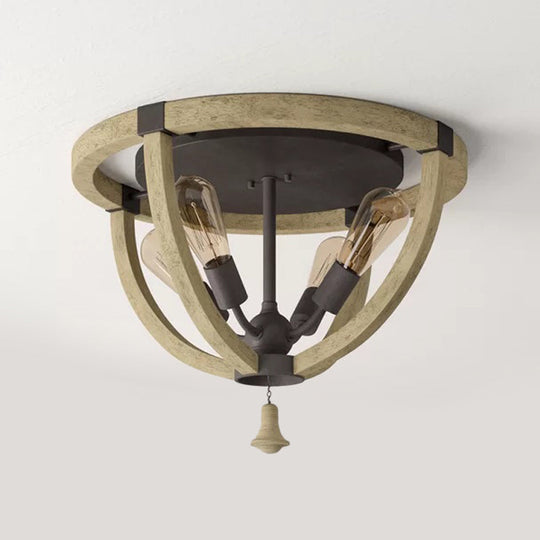 Semi-Mount Wood Khaki Dome Frame Ceiling Flush Light - Warehouse Style 4-Bulb