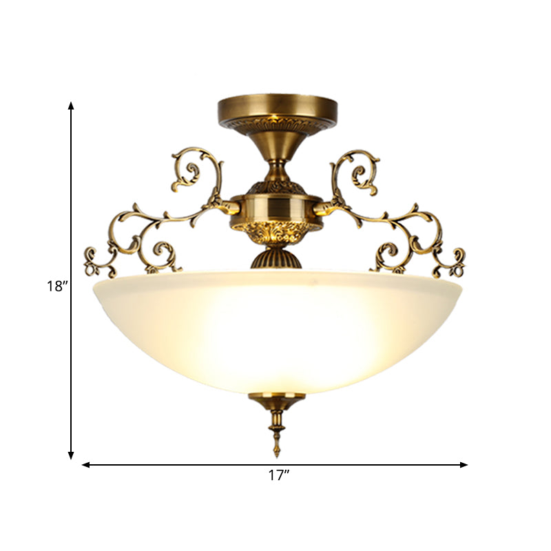 Traditional Gold Swirling Arm Ceiling Lamp With 3 Wide Bowl Lights 13’/17’ Semi Flush Mount