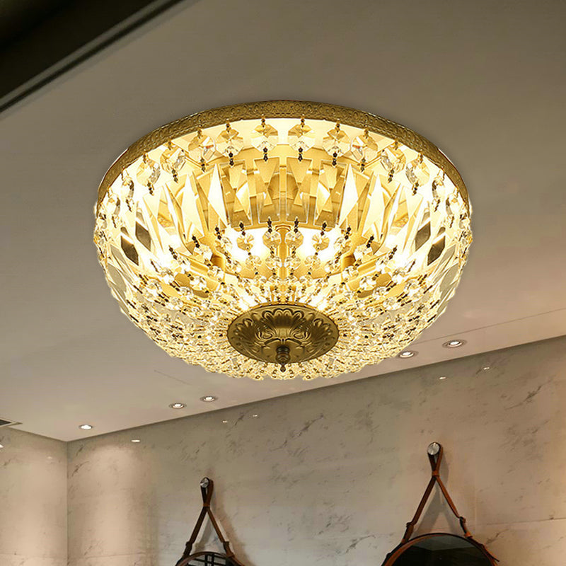 Clear Crystal Strand Flush Light - Modern Dome 4 - Head Ceiling Lamp In Brass For Living Room