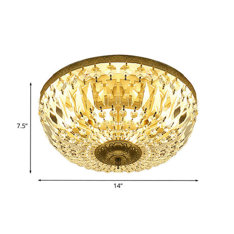 Clear Crystal Strand Flush Light - Modern Dome 4-Head Ceiling Lamp In Brass For Living Room