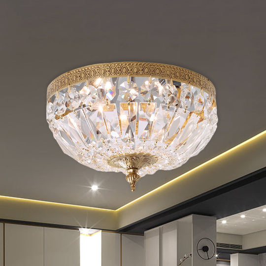 Modern Brass Bowl-Shape Ceiling Flush Light With Crystal Strand - 2 Bulbs Bedroom Lamp