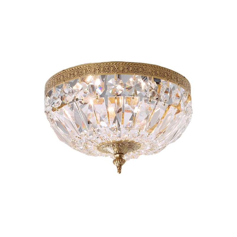 Modern Brass Bowl - Shape Ceiling Flush Light With Crystal Strand - 2 Bulbs Bedroom Lamp
