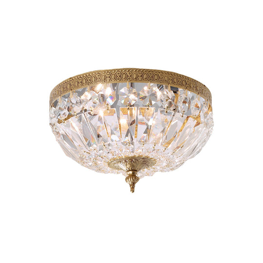 Modern Brass Bowl - Shape Ceiling Flush Light With Crystal Strand - 2 Bulbs Bedroom Lamp