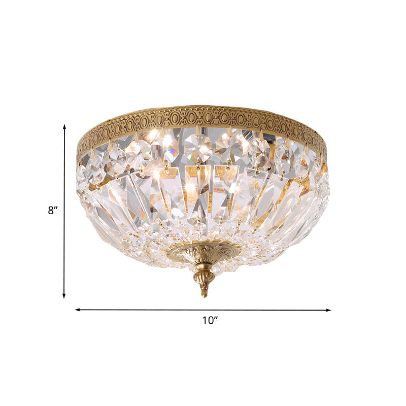 Modern Brass Bowl-Shape Ceiling Flush Light With Crystal Strand - 2 Bulbs Bedroom Lamp