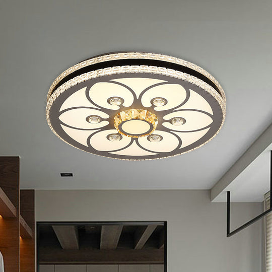 Modern Led Crystal Block Circle Ceiling Light With Four-Leaf Clover/Flower Pattern In Chrome /