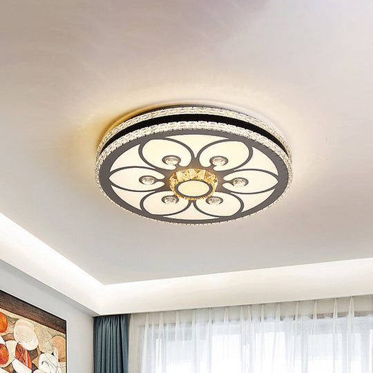 Modern Led Crystal Block Circle Ceiling Light With Four - Leaf Clover/Flower Pattern In Chrome