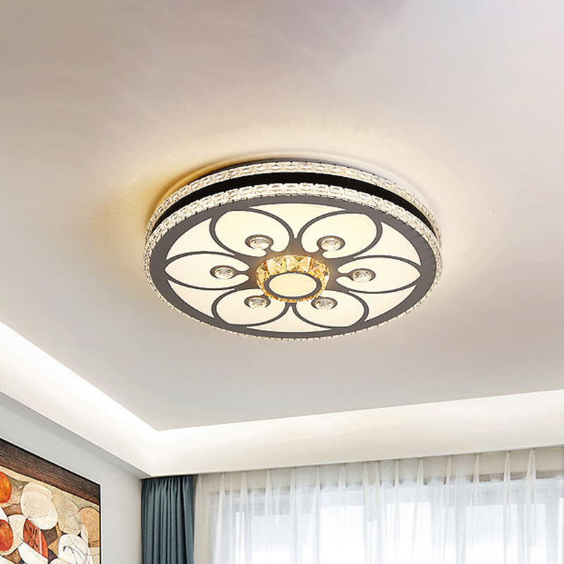 Modern Led Crystal Block Circle Ceiling Light With Four-Leaf Clover/Flower Pattern In Chrome