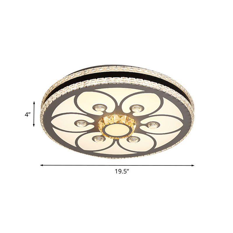 Modern Led Crystal Block Circle Ceiling Light With Four - Leaf Clover/Flower Pattern In Chrome