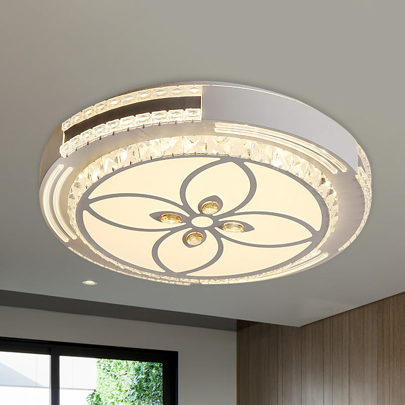 Modern Led Crystal Block Circle Ceiling Light With Four-Leaf Clover/Flower Pattern In Chrome /