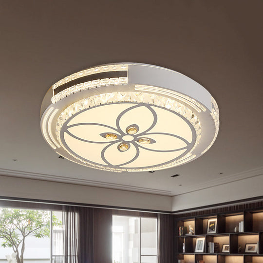 Modern Led Crystal Block Circle Ceiling Light With Four - Leaf Clover/Flower Pattern In Chrome
