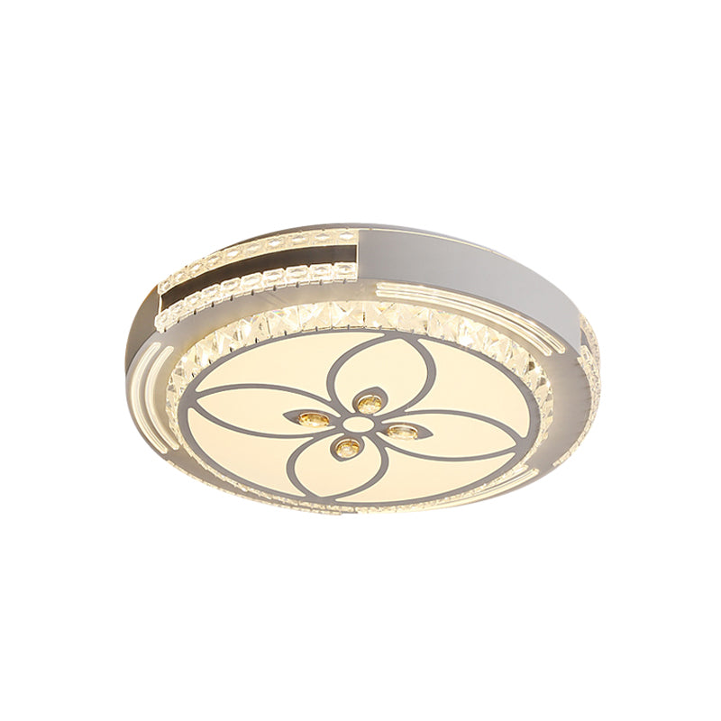 Modern Led Crystal Block Circle Ceiling Light With Four - Leaf Clover/Flower Pattern In Chrome