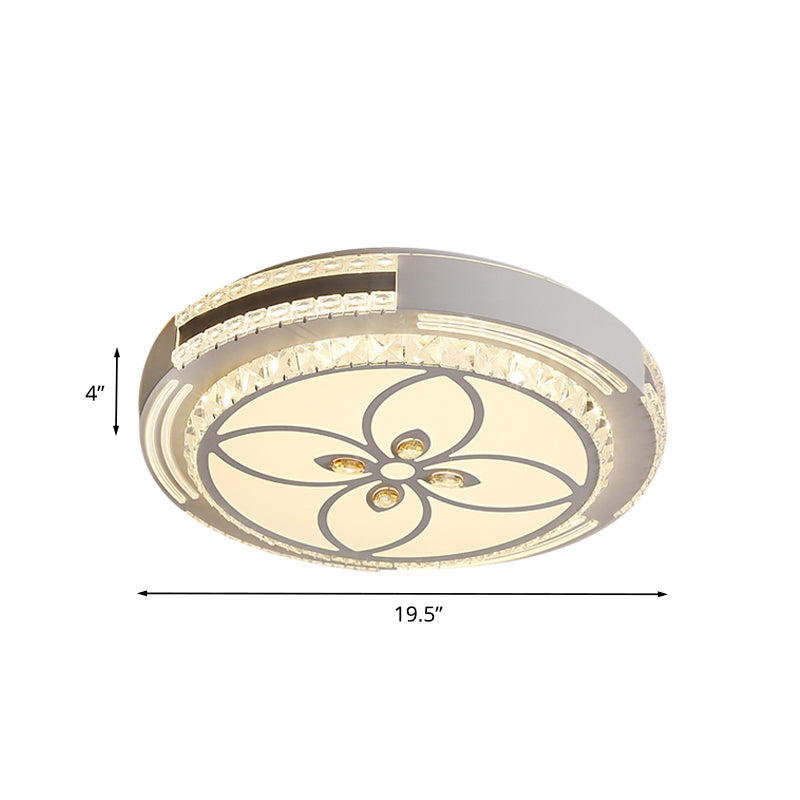 Modern Led Crystal Block Circle Ceiling Light With Four-Leaf Clover/Flower Pattern In Chrome