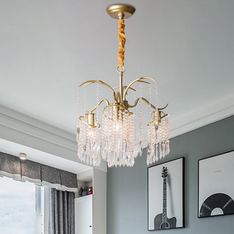 4-Bulb Gold Chandelier With Modern Windbell Crystal Beads