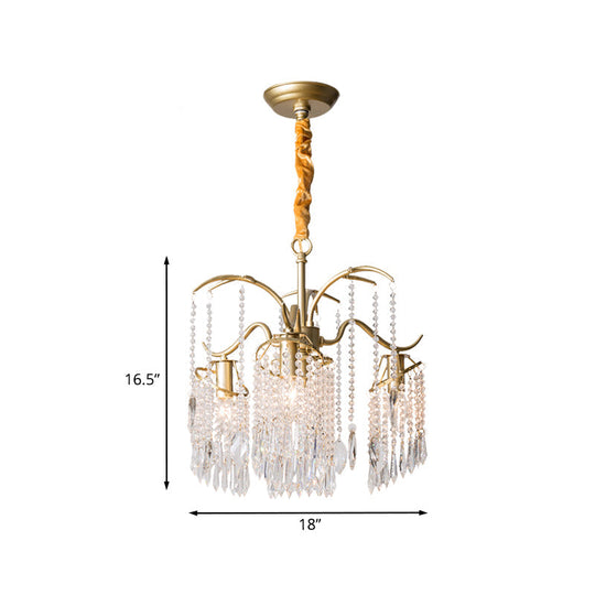 4-Bulb Gold Chandelier With Modern Windbell Crystal Beads