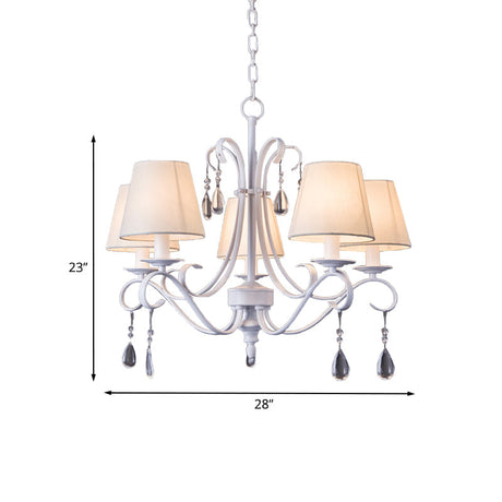 Contemporary 5-Bulb Pendant Light With Fabric Shade And Crystal Droplets For Guest Room - White