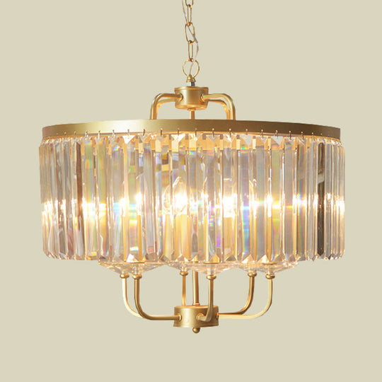 Contemporary Gold Drum Crystal Block Chandelier - 6-Head Ceiling Lighting Fixture For Guest Room