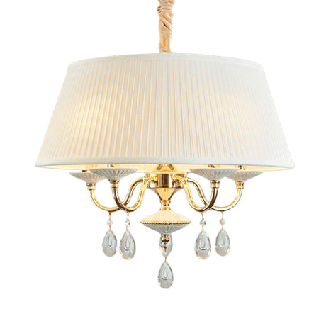 Minimalist Drum Chandelier With Crystal Droplet - 4 Heads Pendant Lamp In White/Grey