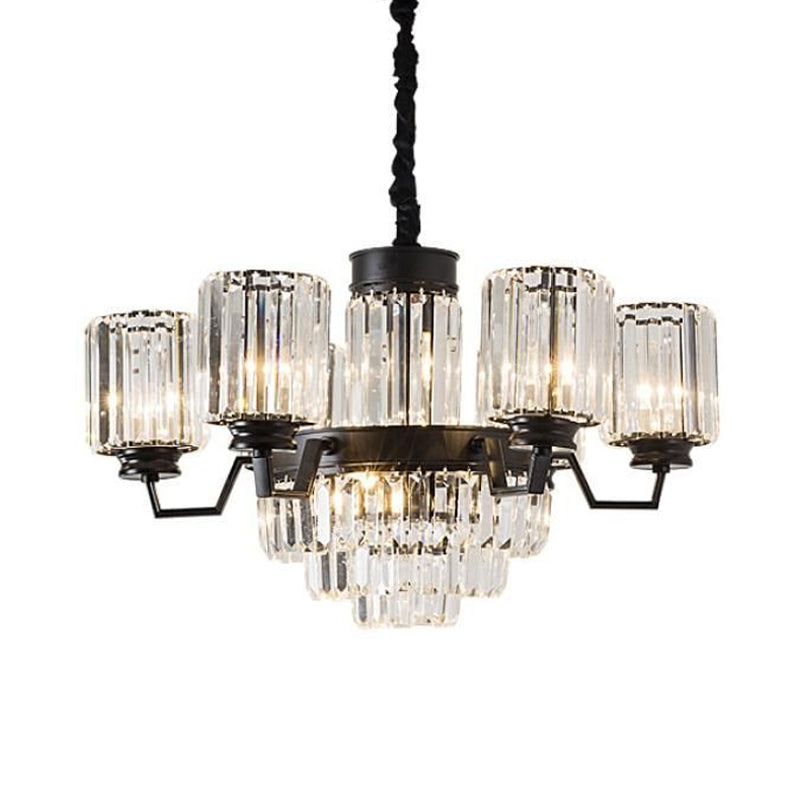 Modern Fluted Glass Rods Pendant Chandelier With 9 Bulbs And Cylindrical Shade In Black