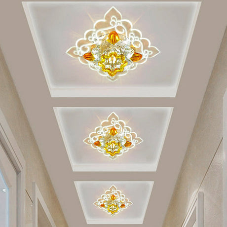 Contemporary Led Amber Beveled Glass Crystal Floral Flushmount Balcony Ceiling Light Fixture